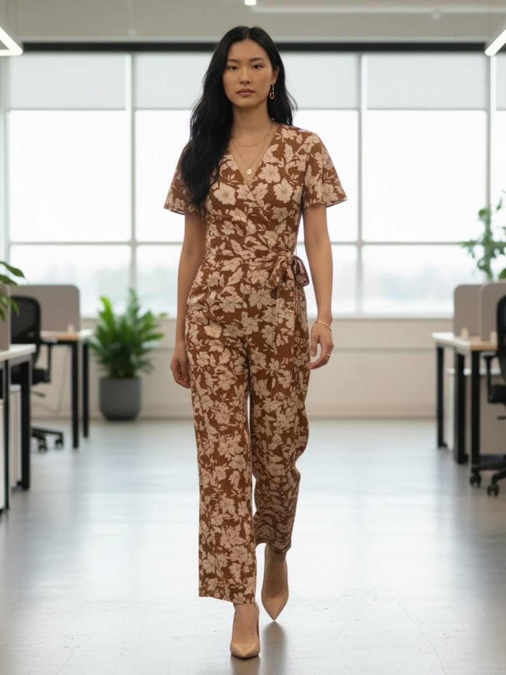 Monteau eBrown Floral Wrap Jumpsuit with Tie Waist large juniors